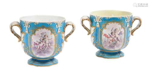 A PAIR OF SEVRES STYLE BLEU CELESTE SEAUX A DEMI-BOUTEILLES