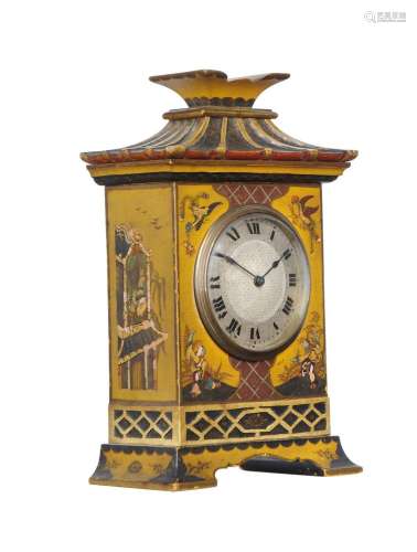 A MANTEL TIMEPIECE WITH YELLOW LACQUERED CASE IN CHONOISERIE...