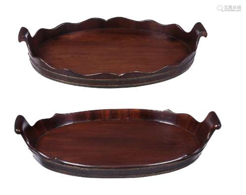 TWO SIMILAR MAHOGANY AND BRASS BOUND TEA TRAYS