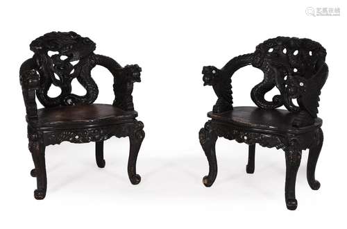 A PAIR OF CHINESE CARVED HARDWOOD CHAIRS