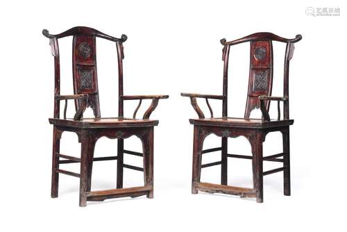 A PAIR OF CHINESE YOKE-BACK ARMCHAIRS