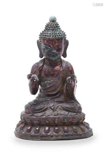A CHINESE LACQUERED GILT BRONZE FIGURE OF BUDDHA