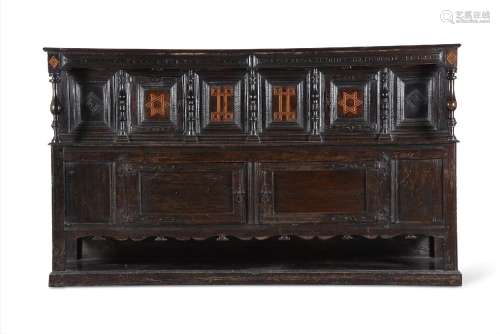 AN OAK AND INLAID SIDE CUPBOARD