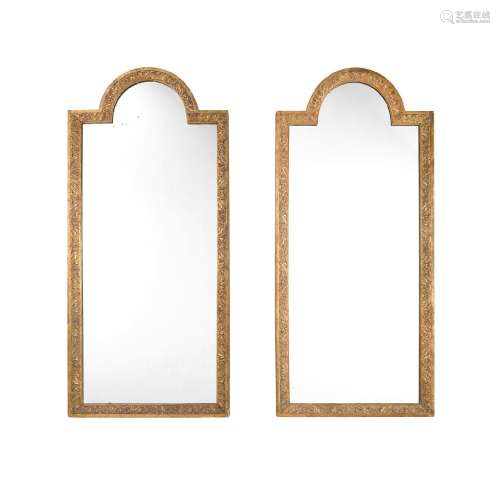 A PAIR OF GILTWOOD AND COMPOSITION WALL MIRRORS IN QUEEN ANN...