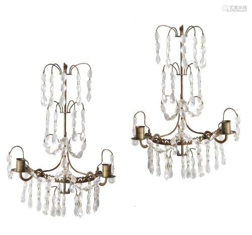 A PAIR OF TWIN LIGHT WALL SCONCES, IN THE SWEDISH MANNER