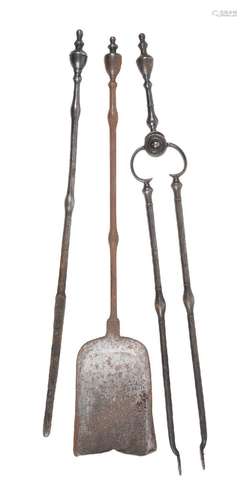 A SET OF THREE GEORGE III STEEL FIRE IRONS