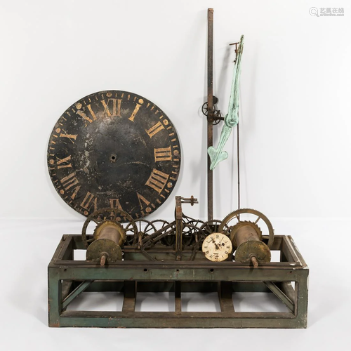 Paint-decorated Wooden Tower Clock, Dial and Hands