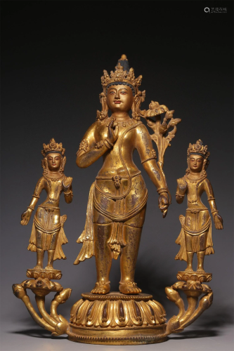 A Set of Three Chinese Gilt Bronze Figures of Buddha