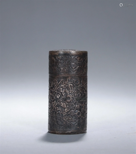A Chinese Carved Silver Incense Drum
