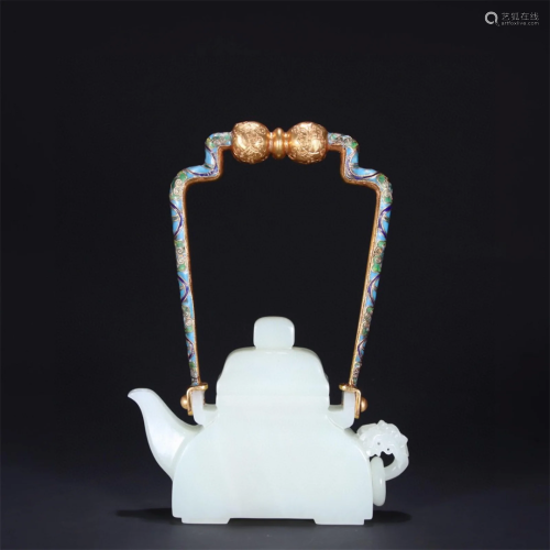 A Chinese Carved Jade Tea Pot with Handle