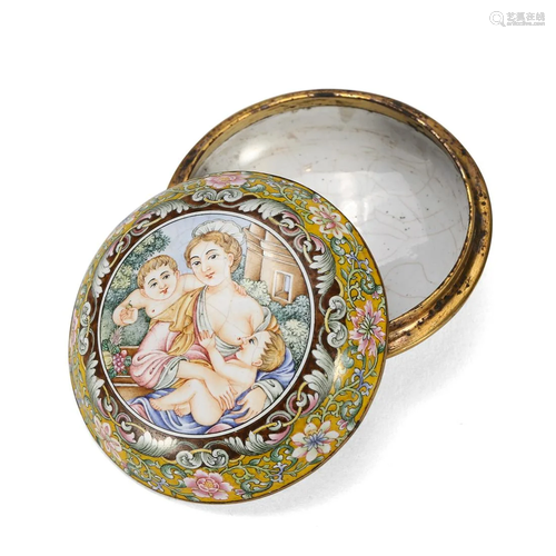 AN ENAMELLED BRONZE 'LADY' BOX AND COVER