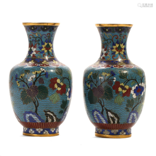 A PAIR OF CLOISONNE ENAMEL FLORAL BOTTLE VASES