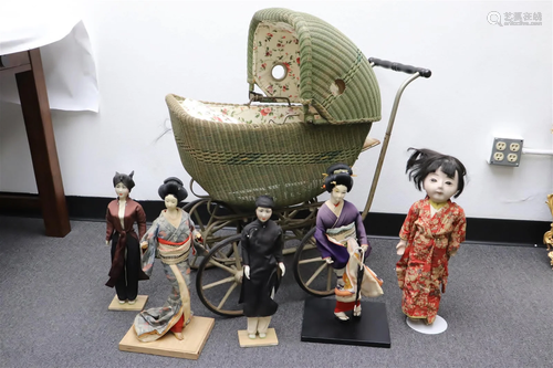 3 Japanese dolls, 2 Vietnamese dolls & a doll buggy