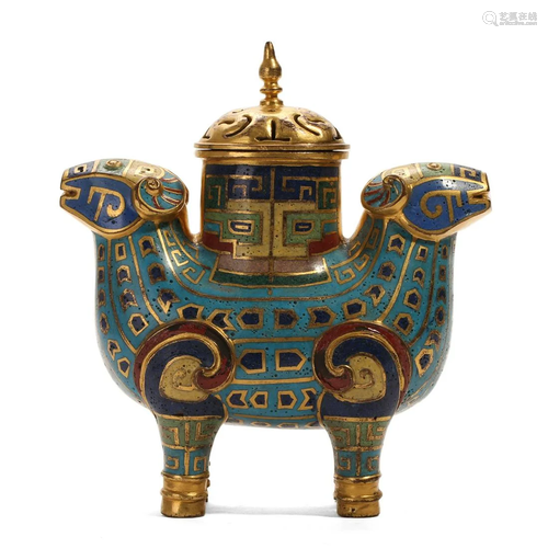 A CLOISONNE ENAMEL 'DOUBLE RAMS' INCENSE BURNER