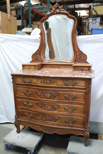 French antique walnut marble top dresser with mirror