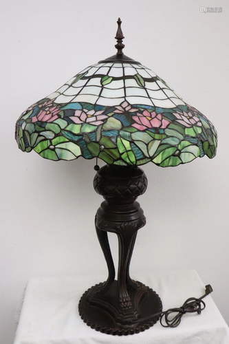 Fine bronze based lamp with leaded glass shade