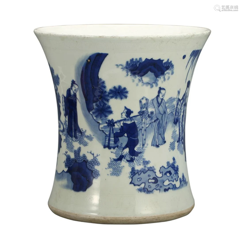 A BLUE AND WHITE 'FIGURES' BRUSHPOT