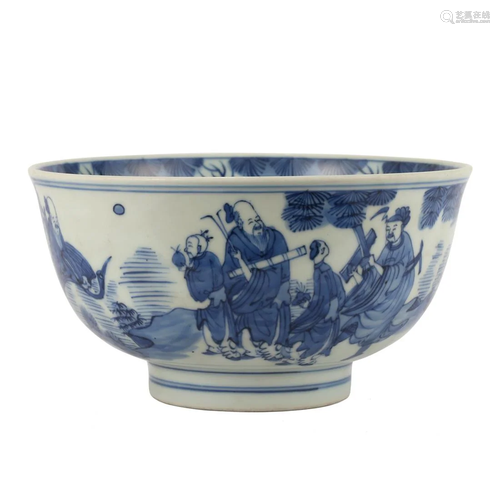 A BLUE AND WHITE 'FIGURES' BOWL