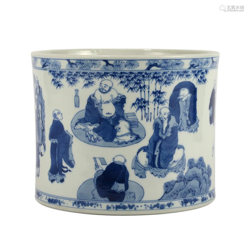 A BLUE AND WHITE 'FIGURES' BRUSHPOT