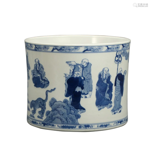 A BLUE AND WHITE 'FIGURES' BRUSHPOT