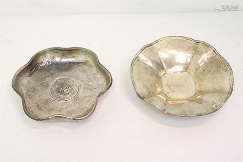 2 hand hammered sterling plates; one w/ a silver coin