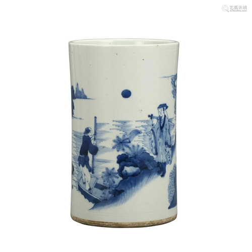 A BLUE AND WHITE 'FIGURES' BRUSHPOT