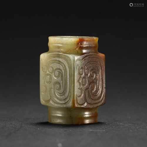 A RUSSET AND GREEN JADE CONG