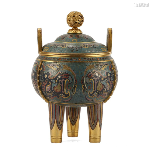 A CLOISONNE ENAMEL BRONZE FLORAL TRIPOD INCENSE BURNER