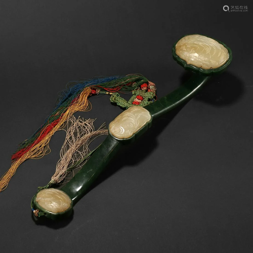 A SPINACH-GREEN AND WHITE JADE RUYI SCEPTRE