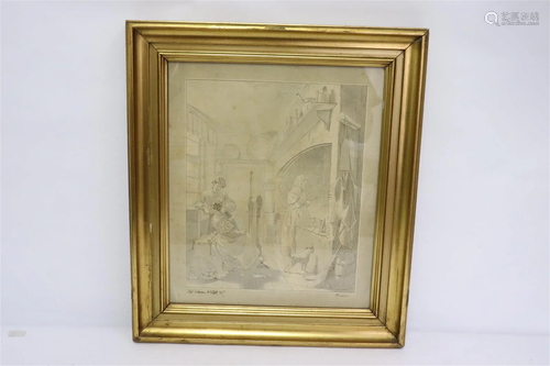 19th c. framed print, signed with fine gilt frame