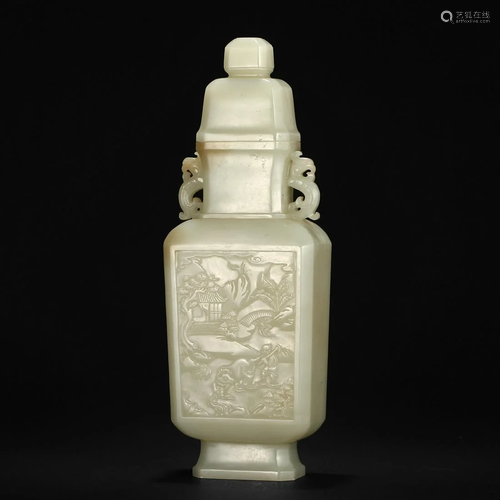 A WHITE JADE 'LANDSCAPE AND FIGURES' VASE