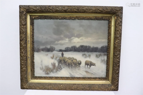 Oil on canvas "snow scene with sheep", signed