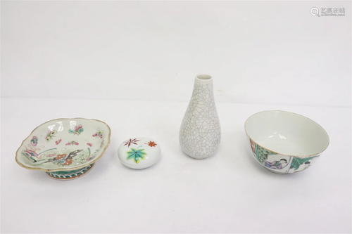 3 Chinese famille rose pieces, & a crackleware vase