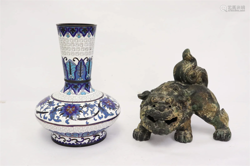 2 pieces; a cloisonne vase and a cast iron fulion