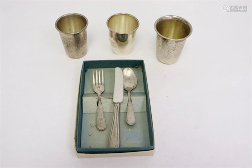 3 silver cups, & 3 pc child sterling spoon & fork se...