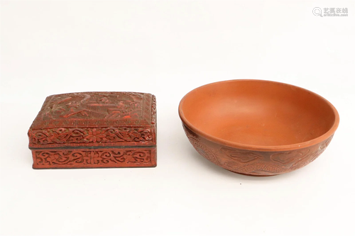 antique cinnabar box and a vintage Yixing bowl