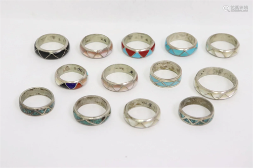 13 sterling rings inlaid with stones