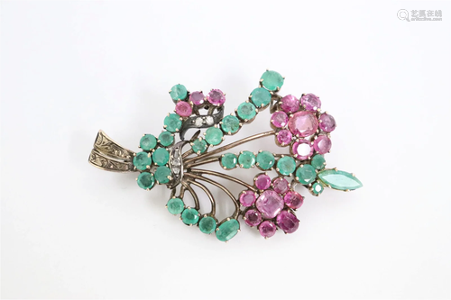 Victorian 9K brooch w/ rubies, emerald, & diamonds