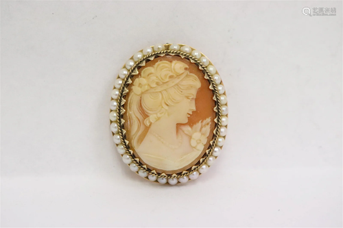 14K Y/G carved shell cameo with pearls