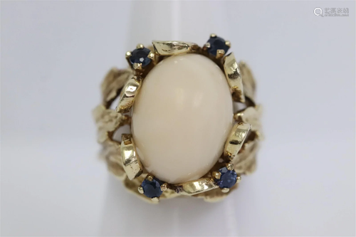 14K Y/G ring w/ angel skin coral and sapphires