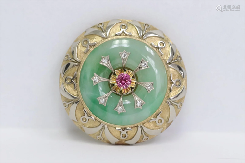 14K Victorian pendant/ brooch w/ spindle & jade