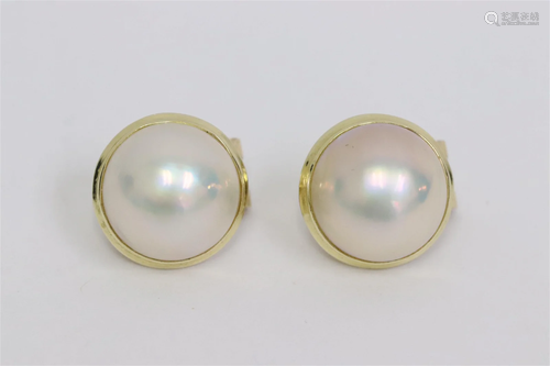 Pair fine 14K Y/G Mabe pearl earrings