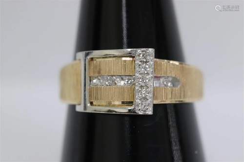 14K Y/G buckle style ring set with diamonds