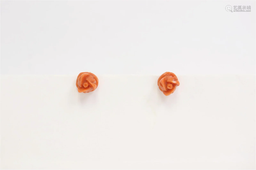 Pair 18K rose gold carved coral earrings