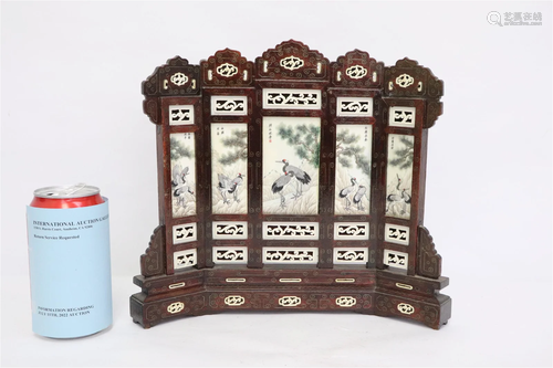 Chinese table screen decorated w/ bone carved plaques