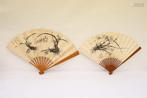 2 Chinese vintage w/c fan w/ bamboo carved frame