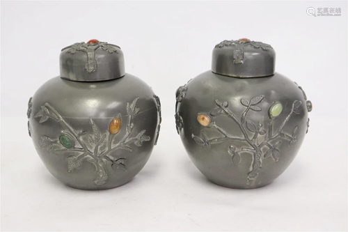 Pair Chinese pewter covered jars