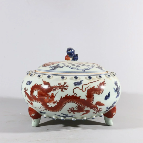 CHINESE BLUE-AND-WHITE AND UNDERGLAZE-RED CENSER DEPICTING &...