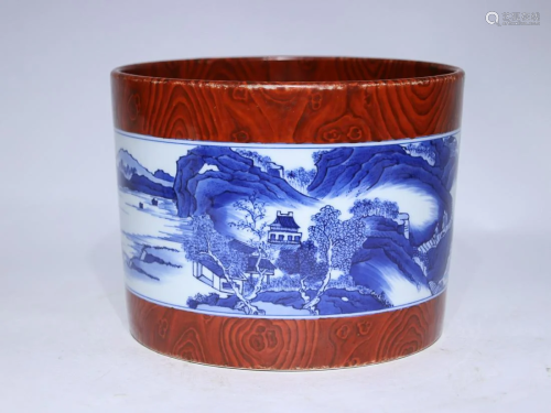 CHINESE WOOD-GRAIN-GLAZED AND BLUE-AND-WHITE BRUSHPOT DEPICT...