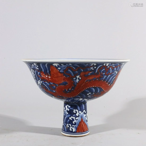 CHINESE BLUE-AND-WHITE AND IRON-RED ENAMELED HIGH - FOOT BOW...